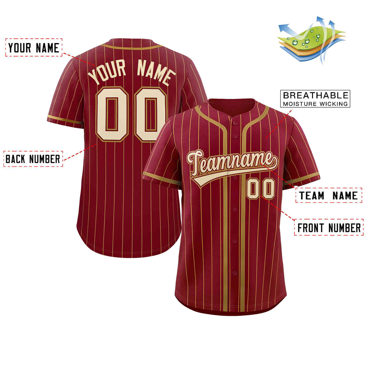 Custom Crimson Old Gold Stripe Fashion Design Full Button Authentic Baseball Jersey Limited