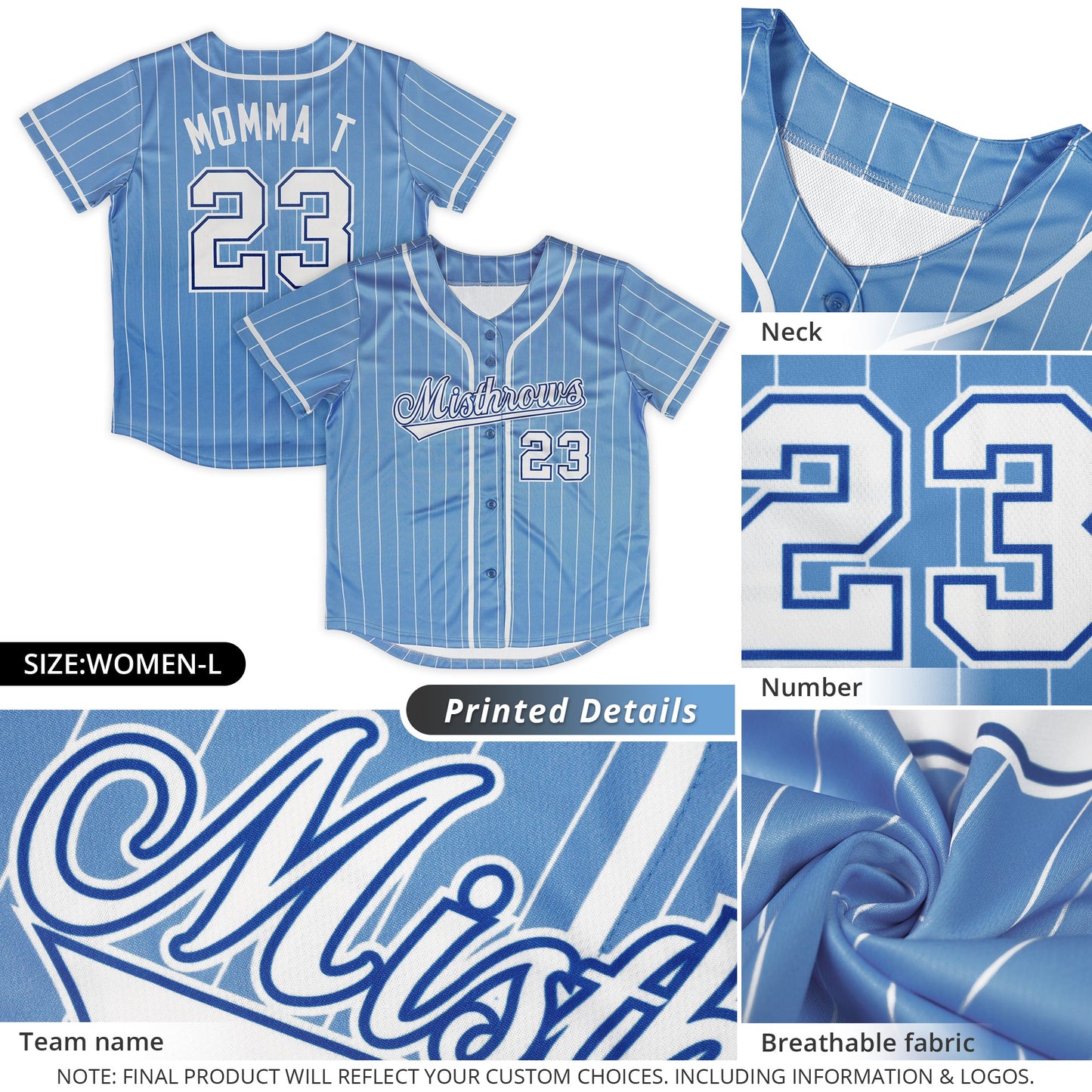Custom Light Blue White Stripe Fashion Design Full Button Authentic Baseball Jersey Limited