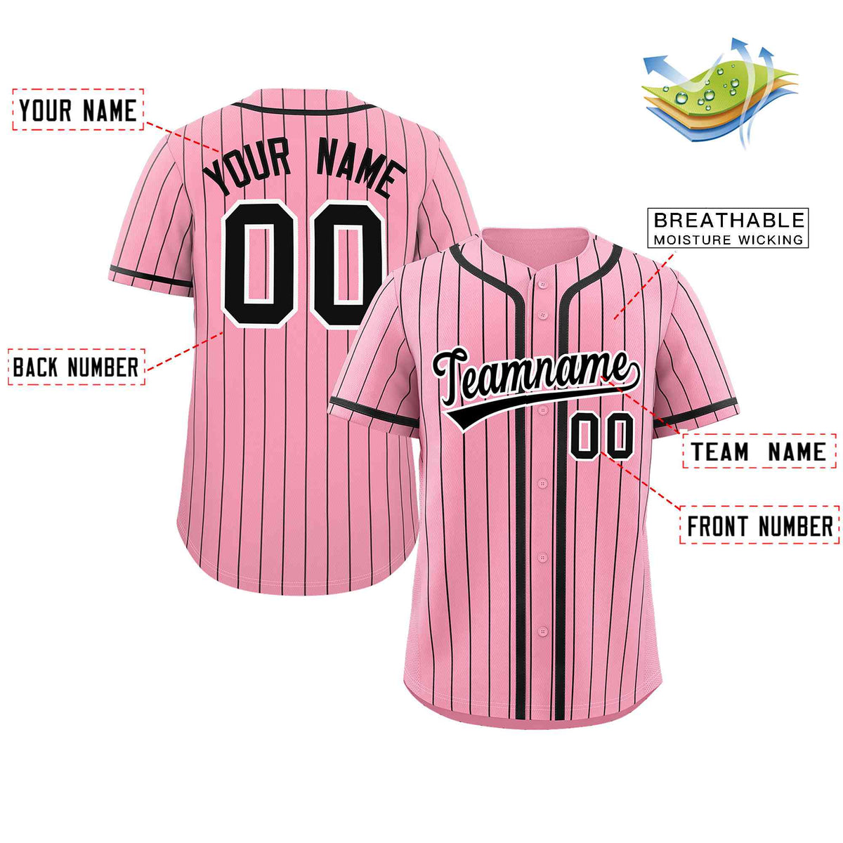 Custom Pink Black Stripe Fashion Design Full Button Authentic Baseball Jersey Limited