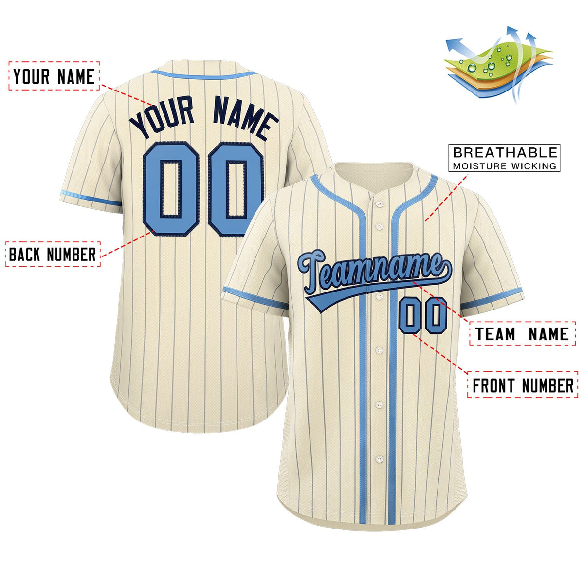 Custom Cream Light Blue-Light Gray Stripe Fashion Design Full Button Authentic Baseball Jersey Limited