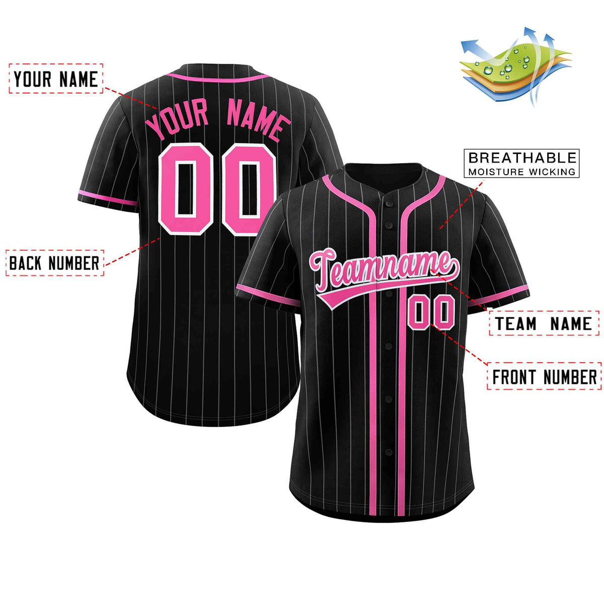 Custom Black Pink-Light Gray Stripe Fashion Design Full Button Authentic Baseball Jersey Limited