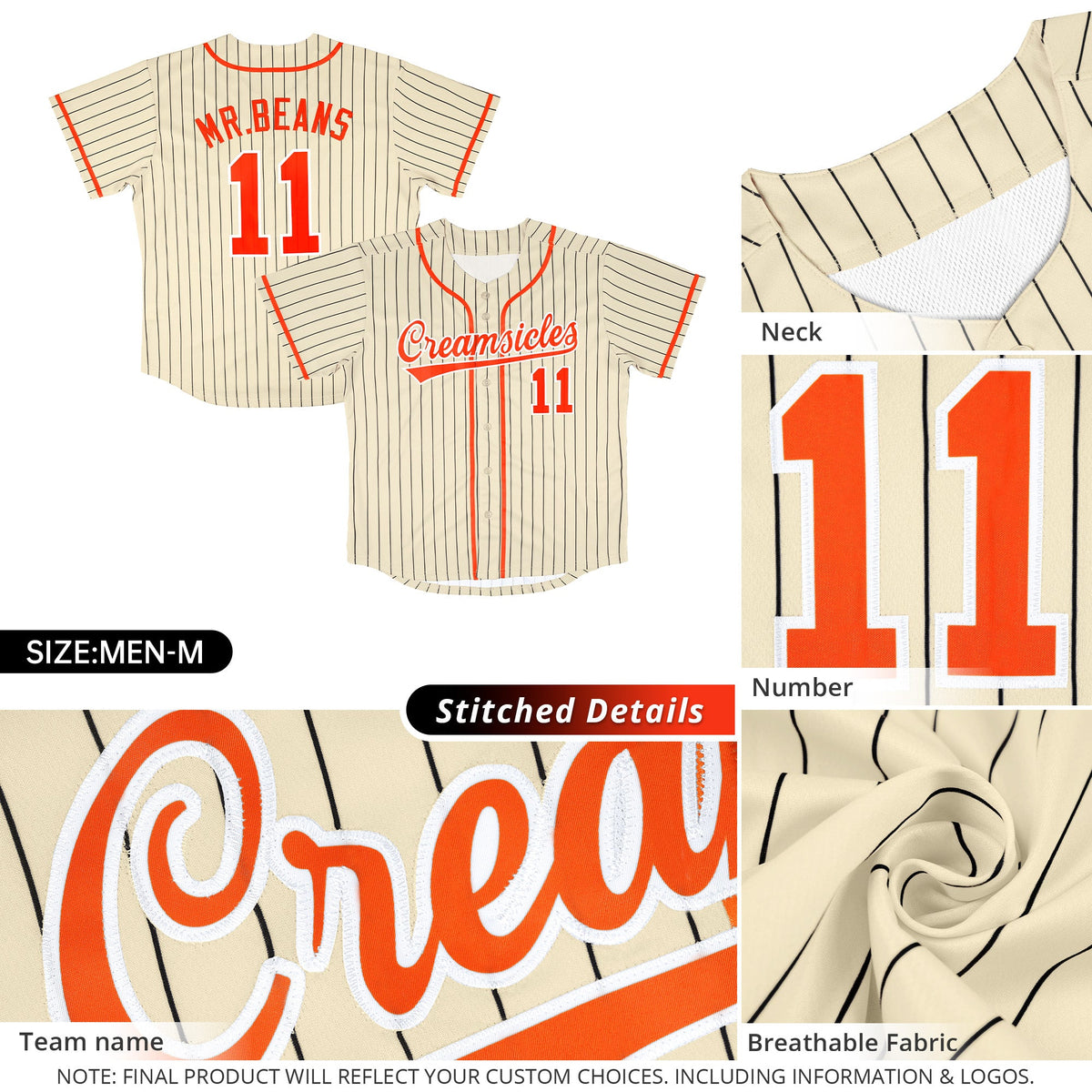 Custom Cream Orange-Black Stripe Fashion Design Full Button Authentic Baseball Jersey Limited