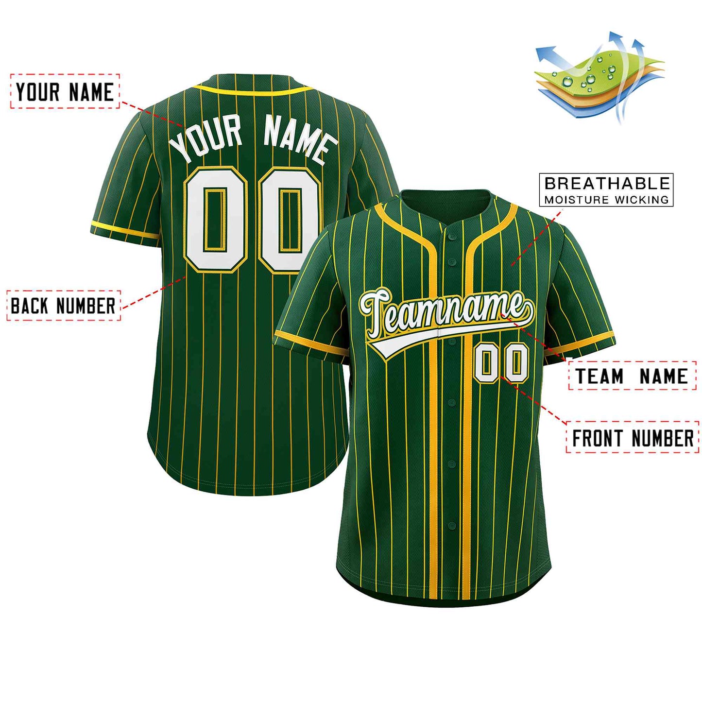 Custom Green Gold Stripe Fashion Design Full Button Authentic Baseball Jersey Limited