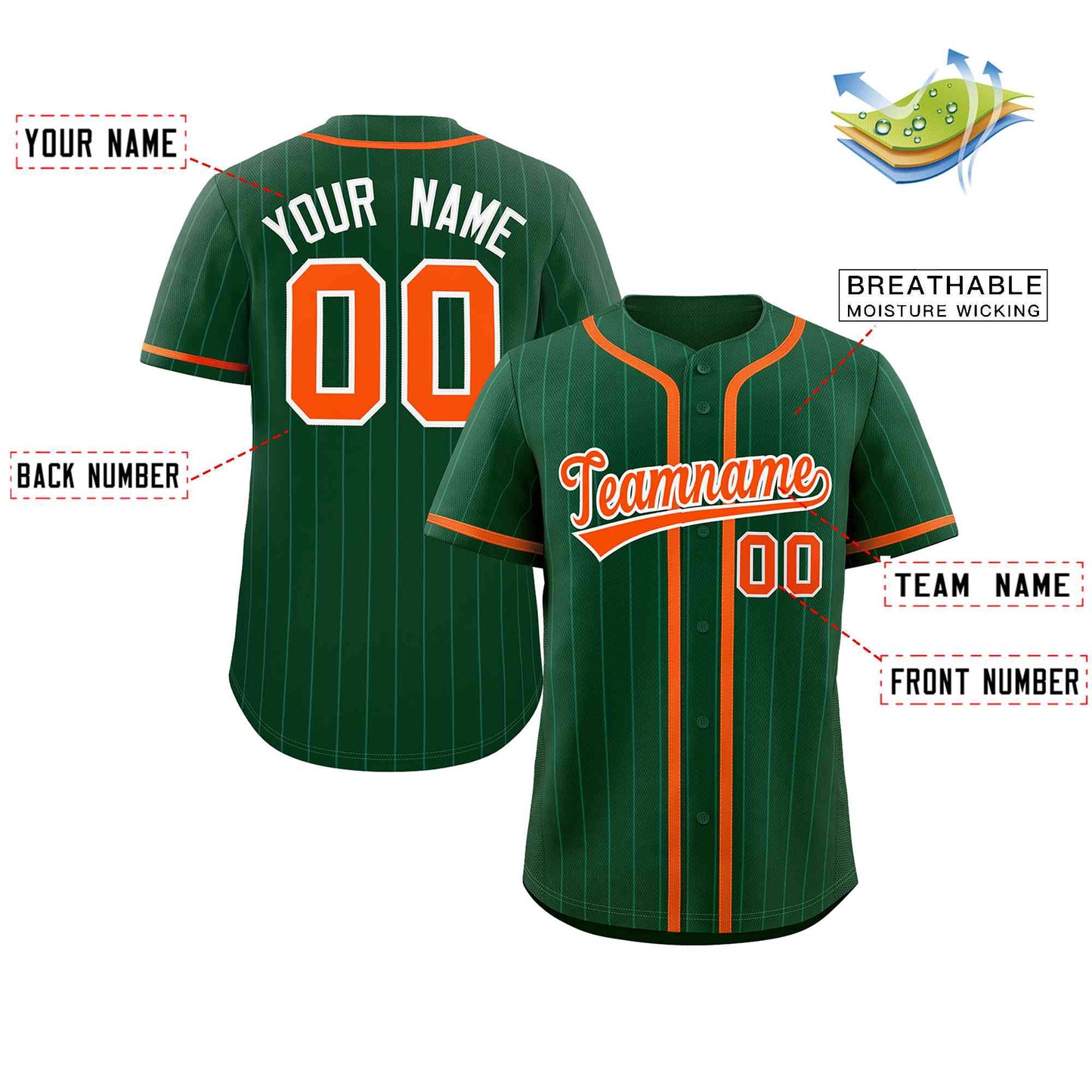 Custom Green Orange Stripe Fashion Design Full Button Authentic Baseball Jersey Limited
