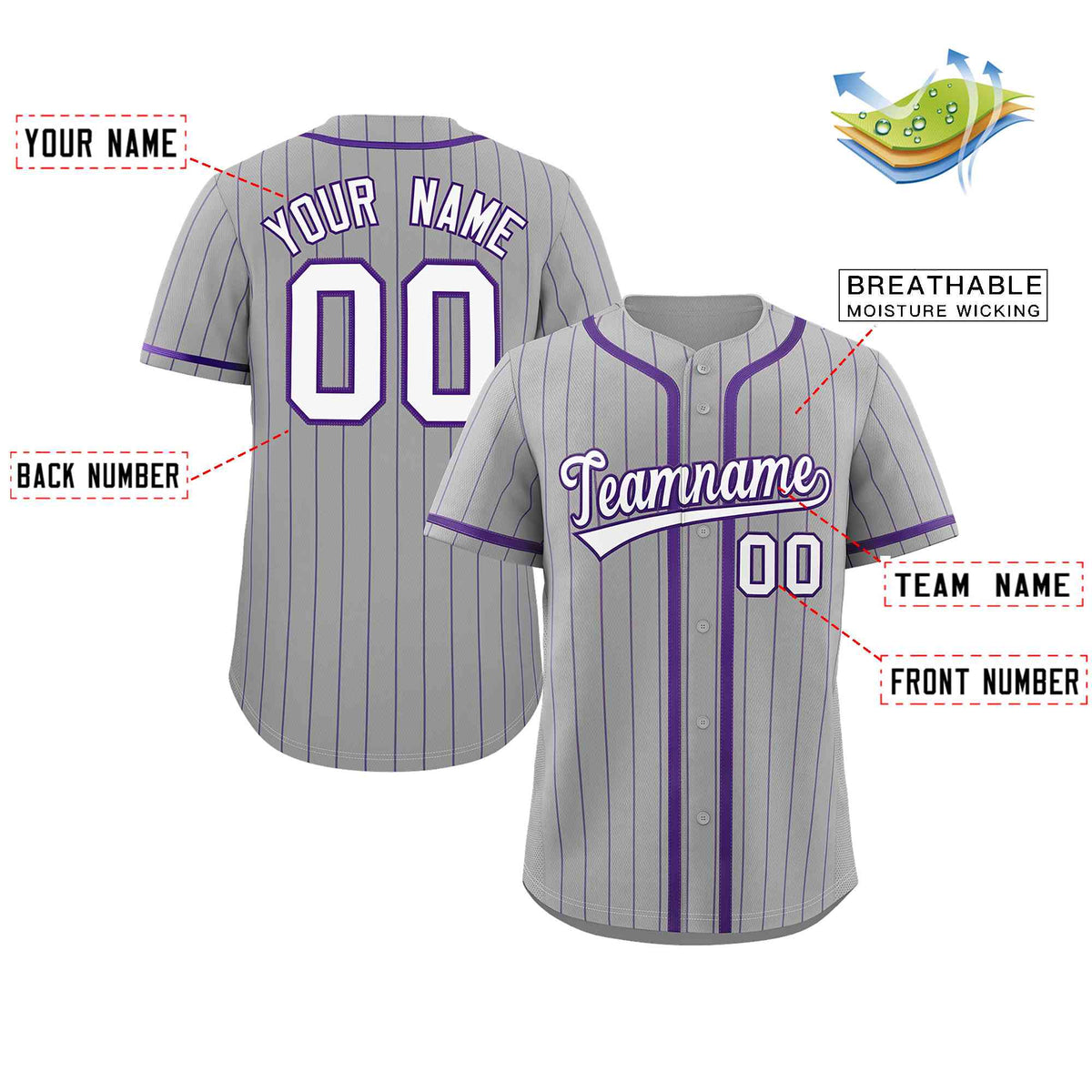 Custom Light Gray White-Purple Stripe Fashion Design Full Button Authentic Baseball Jersey Limited