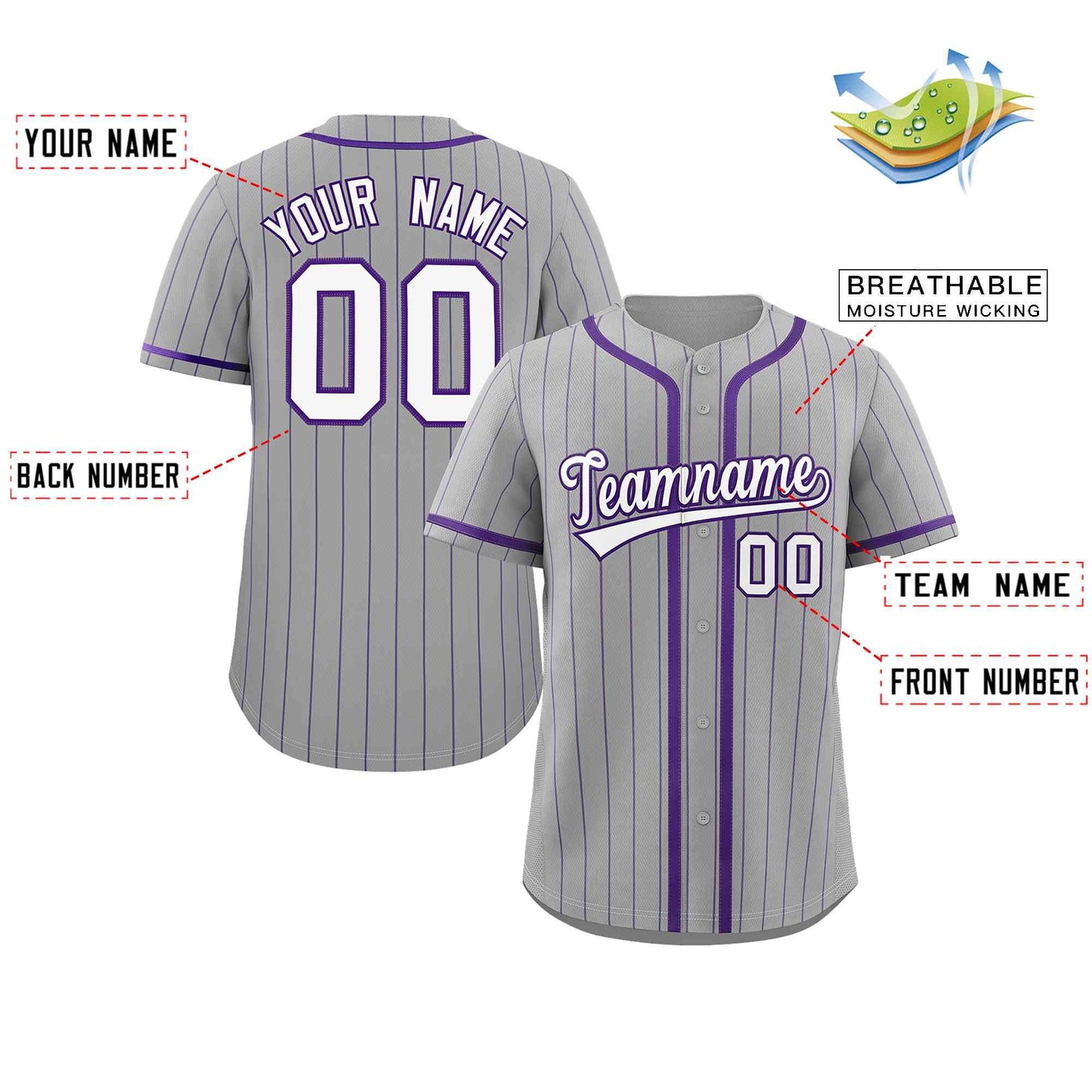 Custom Light Gray White-Purple Stripe Fashion Design Full Button Authentic Baseball Jersey Limited