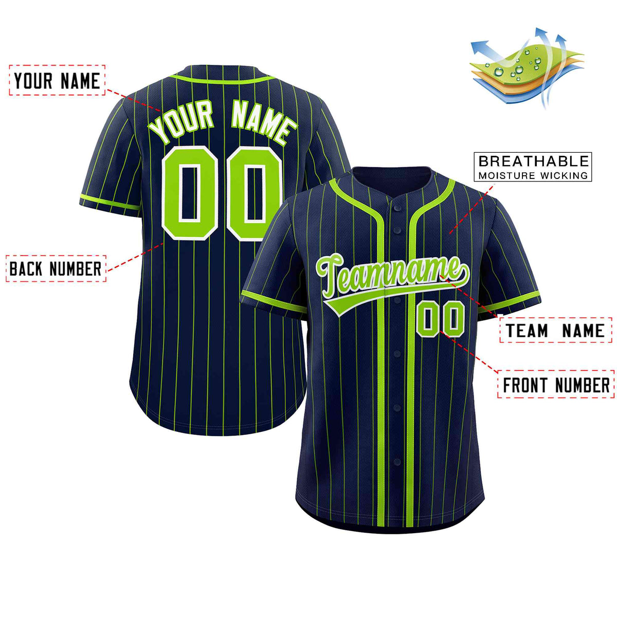 Custom Navy Neon Green Stripe Fashion Design Full Button Authentic Baseball Jersey Limited