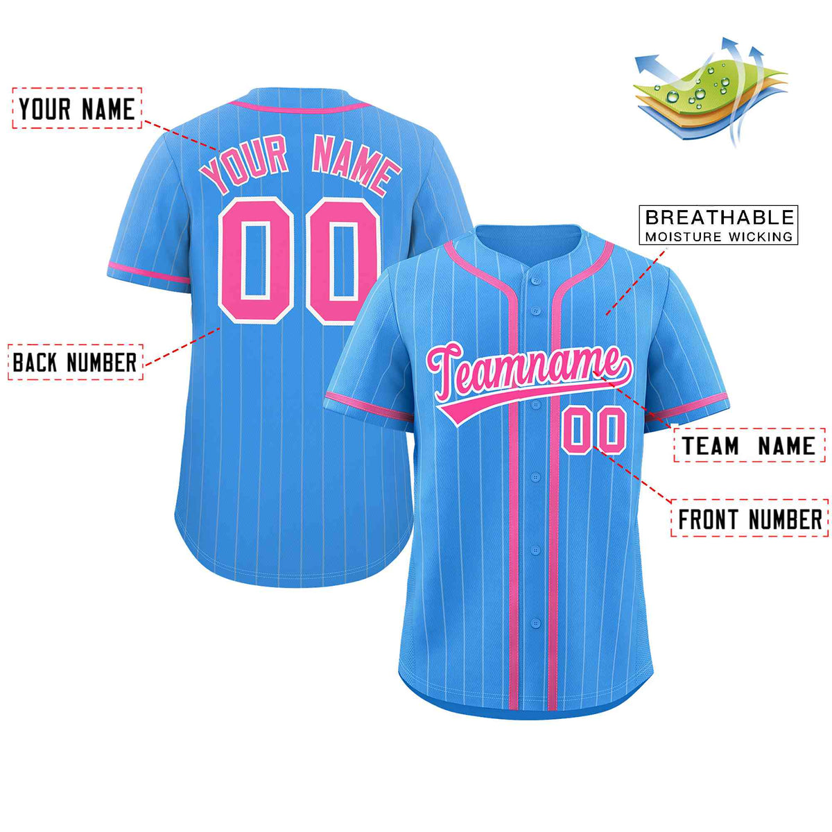 Custom Powder Blue Pink-White Stripe Fashion Design Full Button Authentic Baseball Jersey Limited