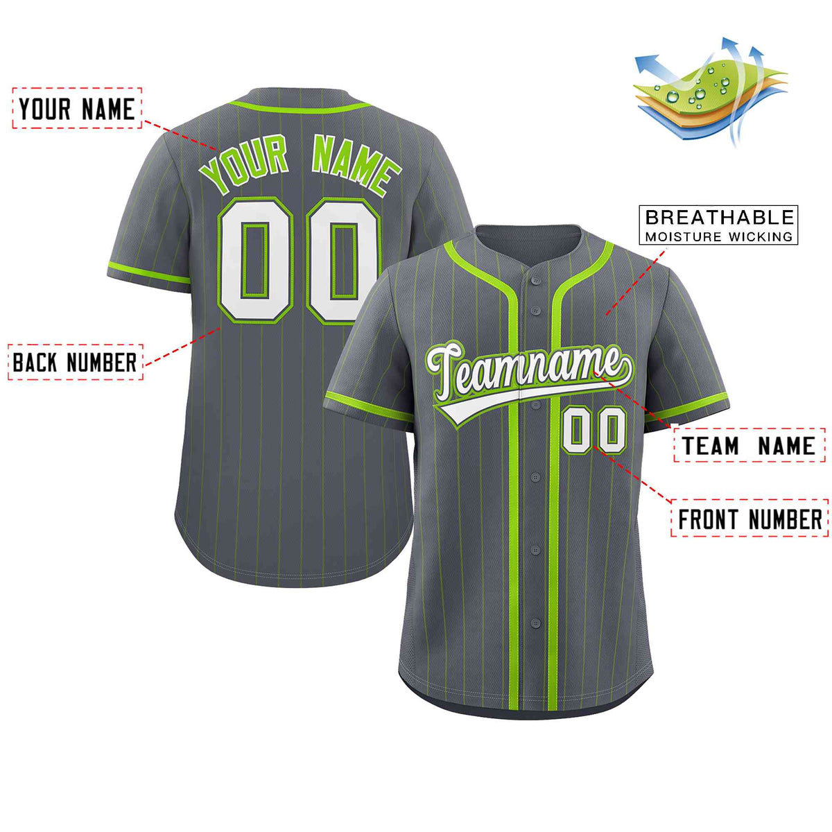Custom Gray White-Neon Green Stripe Fashion Design Full Button Authentic Baseball Jersey Limited