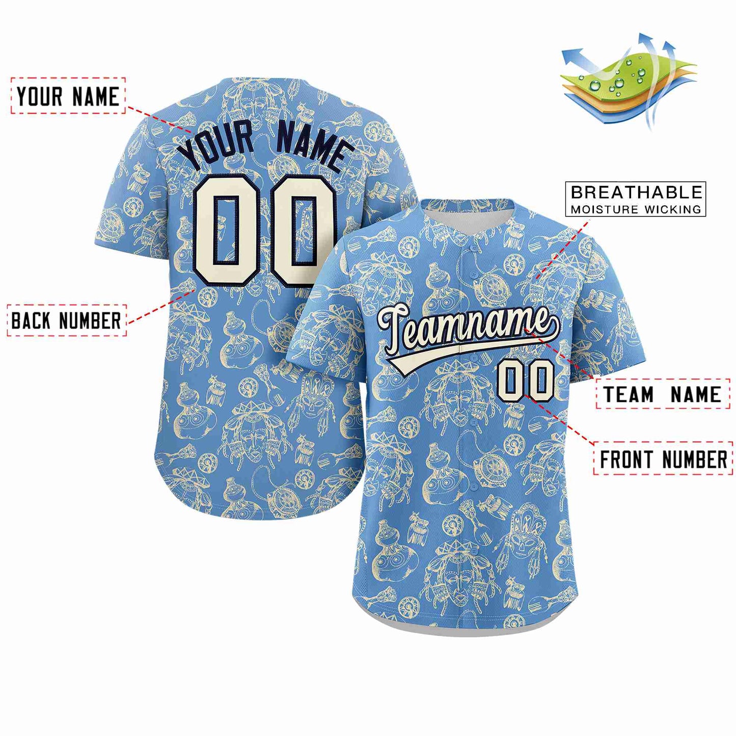 Custom Light Blue 3D Graffiti Pattern Personalized Design Authentic Baseball Jersey Limited