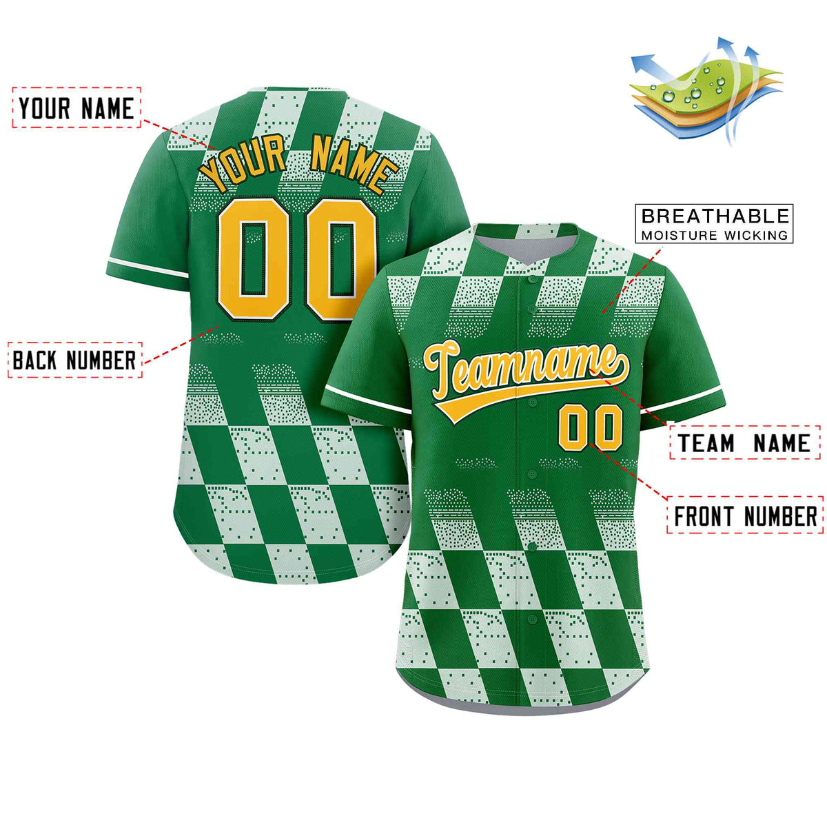 Custom Kelly Green White Grid Speckles Color Block Design Authentic Baseball Jersey Limited