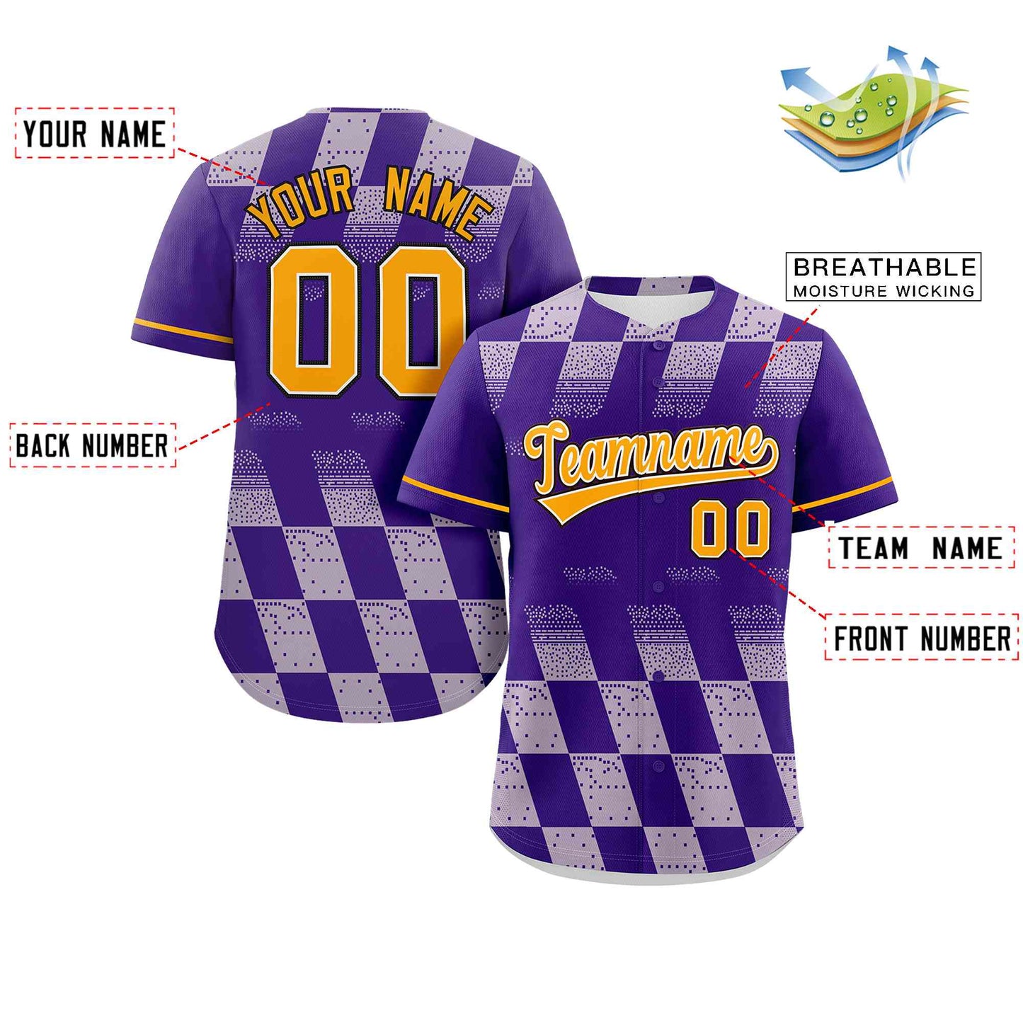 Custom Purple White Grid Speckles Color Block Design Authentic Baseball Jersey Limited