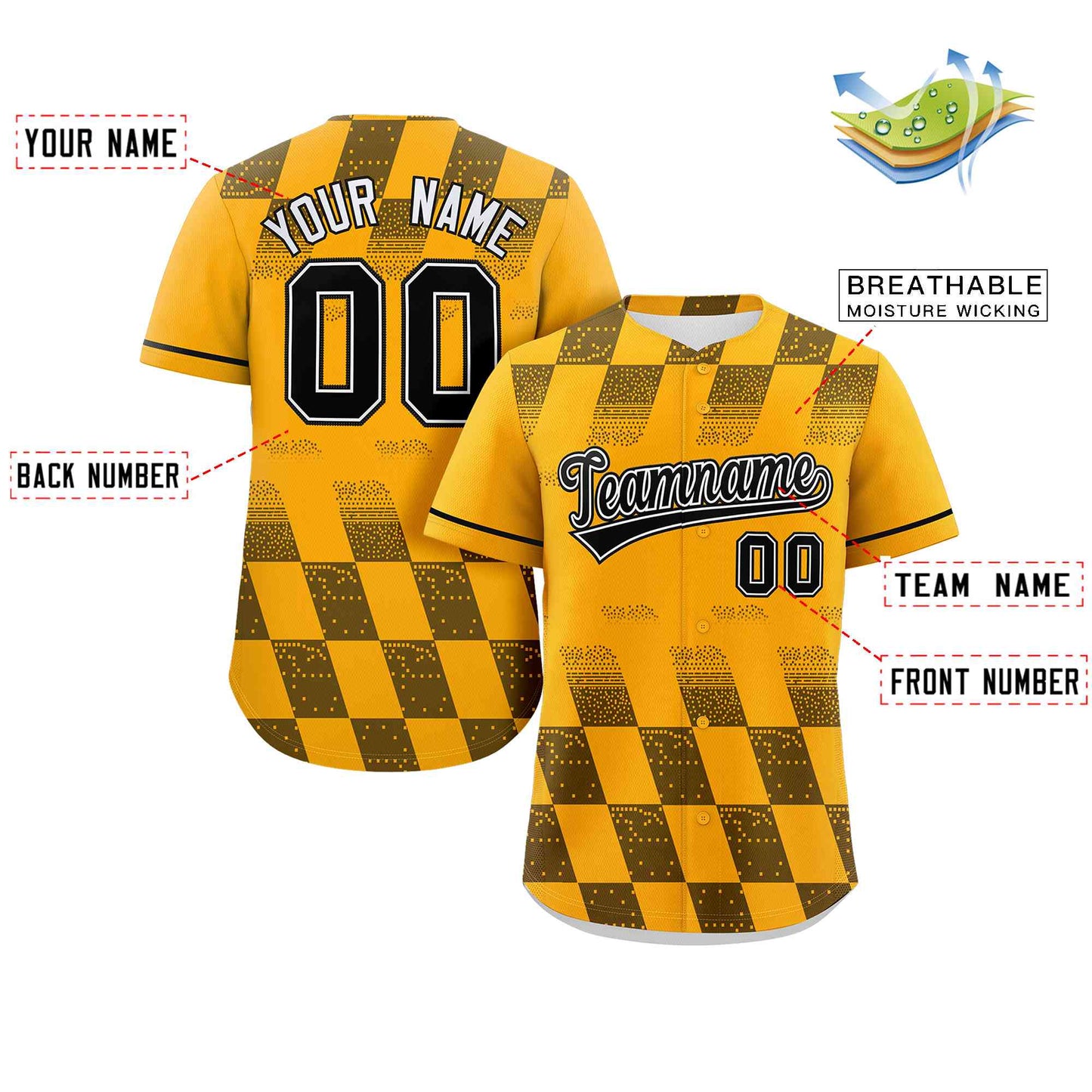 Custom Gold Black Grid Speckles Color Block Design Authentic Baseball Jersey Limited