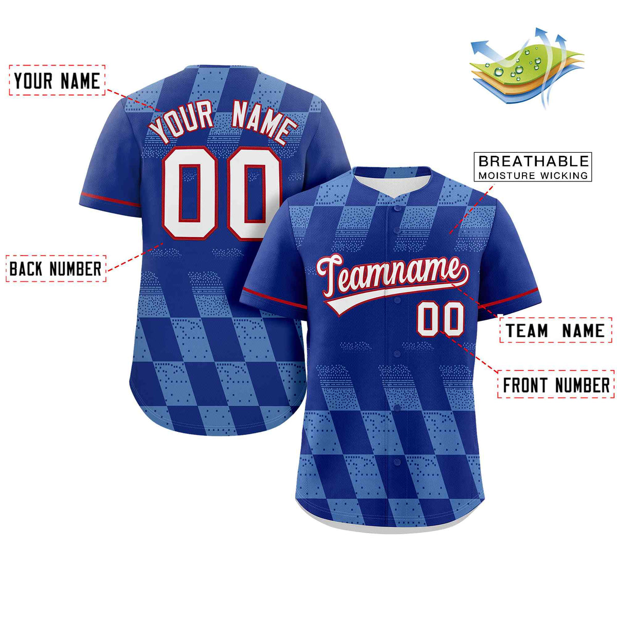 Custom Royal Powder Blue Grid Speckles Color Block Design Authentic Baseball Jersey Limited