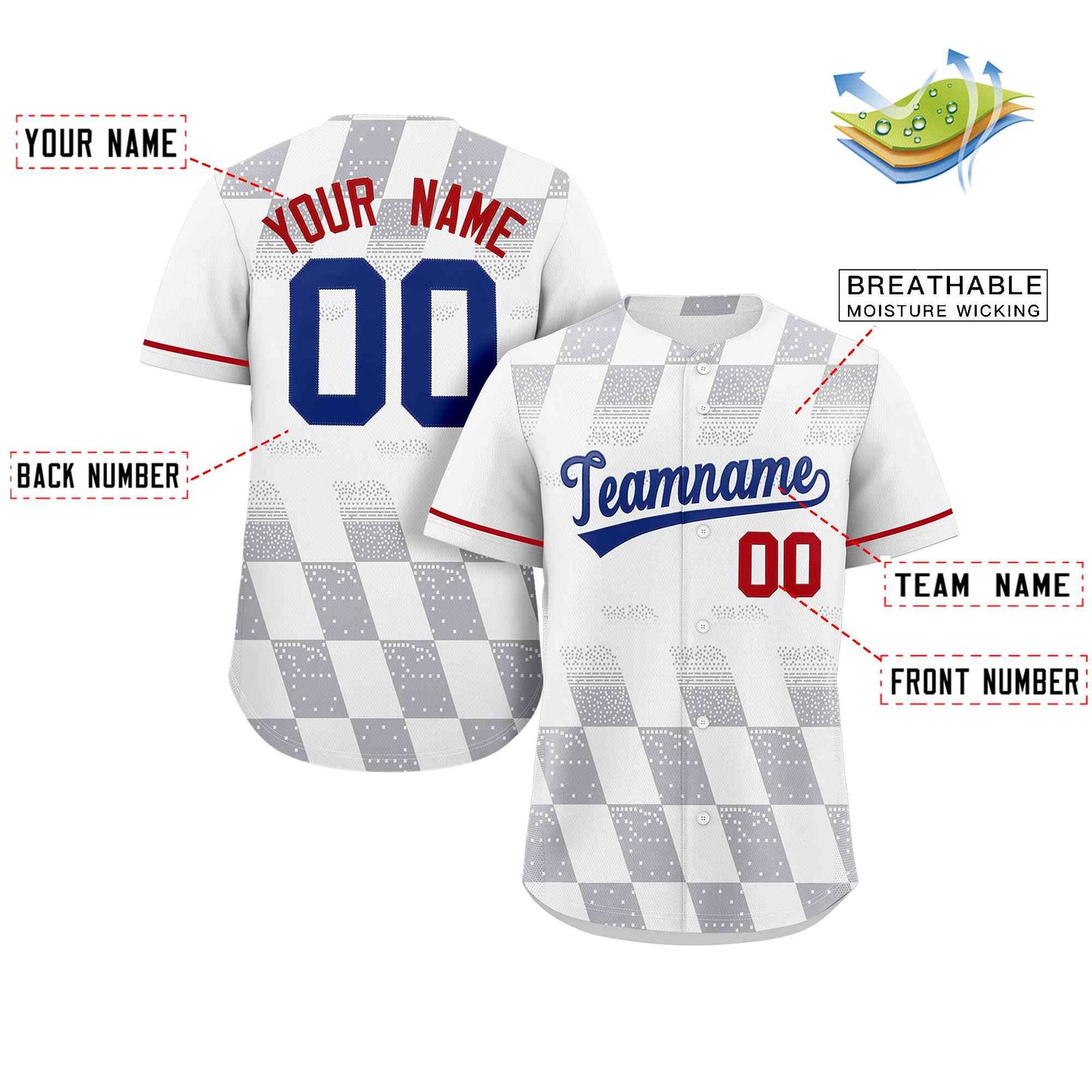 Custom White Gray Grid Speckles Color Block Design Authentic Baseball Jersey Limited