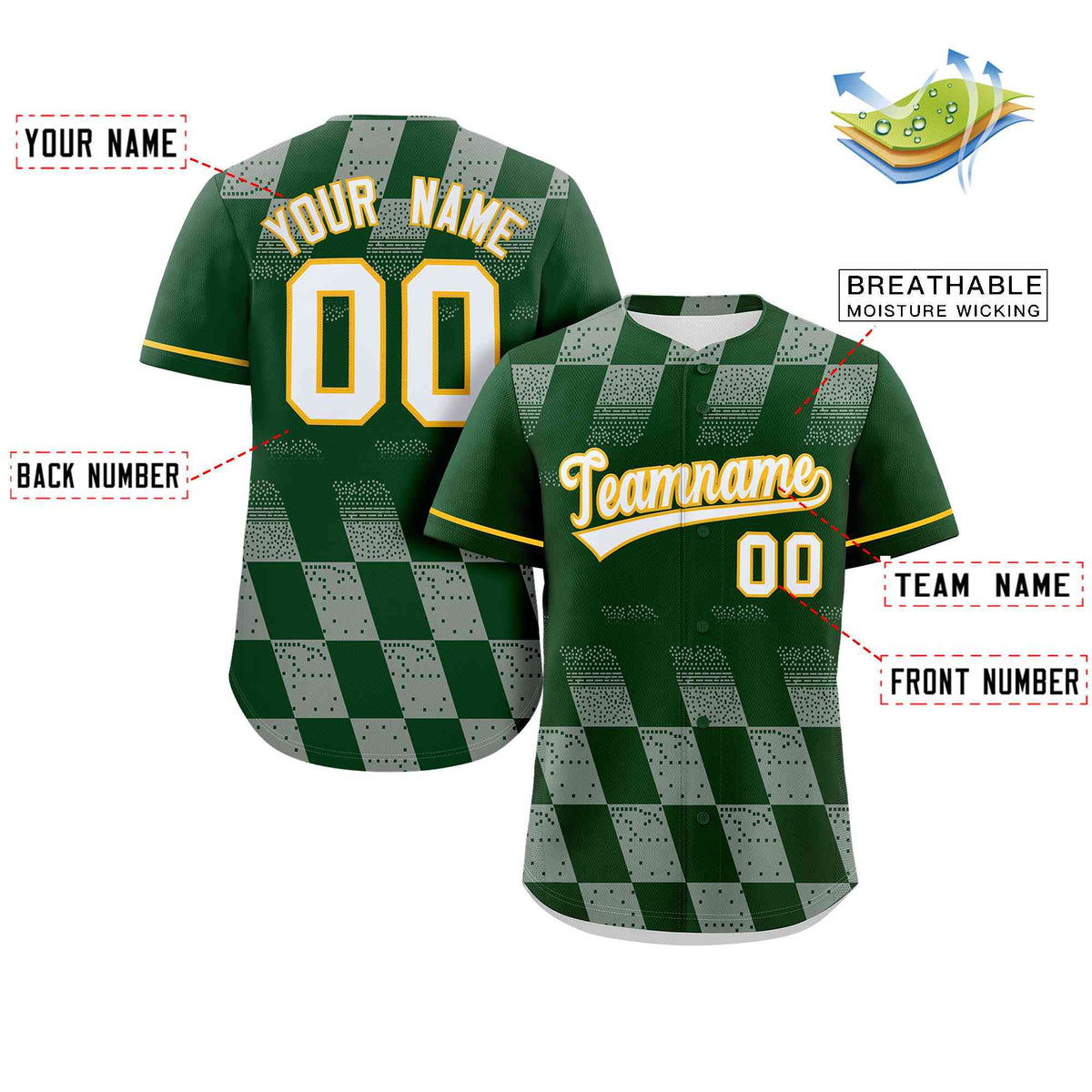 Custom Kelly Green Gray Grid Speckles Color Block Design Authentic Baseball Jersey Limited