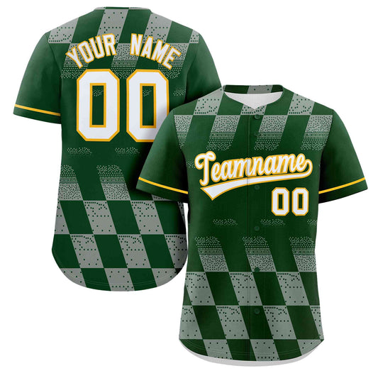 Custom Kelly Green Gray Grid Speckles Color Block Design Authentic Baseball Jersey