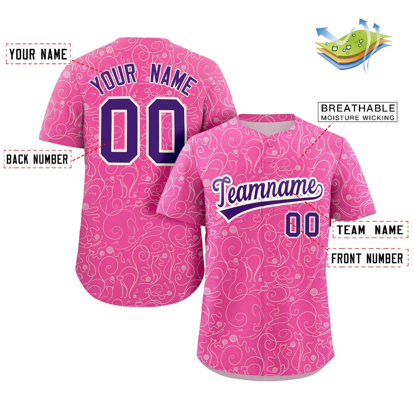 Custom Pink White Line Art Graffiti Pattern Design Authentic Baseball Jersey Limited