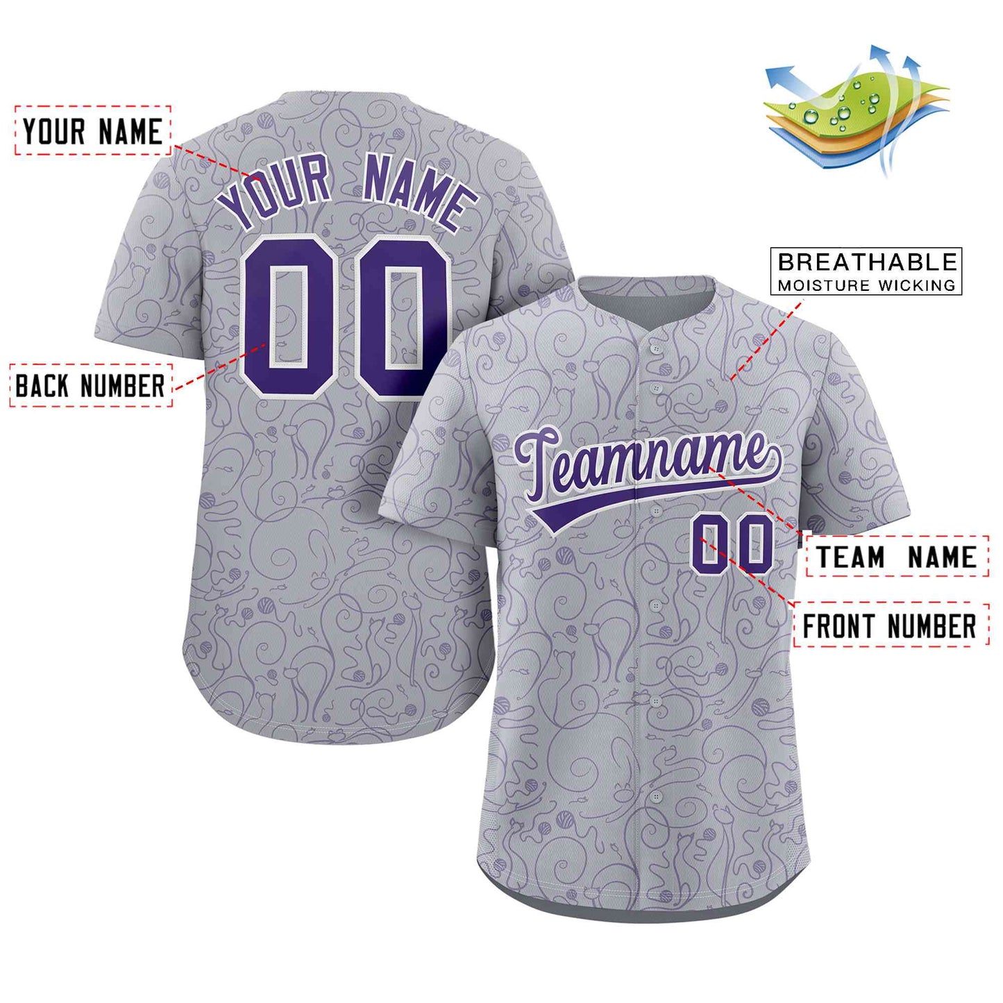 Custom Gray Purple Line Art Graffiti Pattern Design Authentic Baseball Jersey Limited