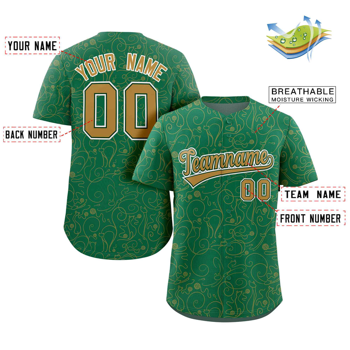 Custom Kelly Green Old Gold Line Art Graffiti Pattern Design Authentic Baseball Jersey Limited
