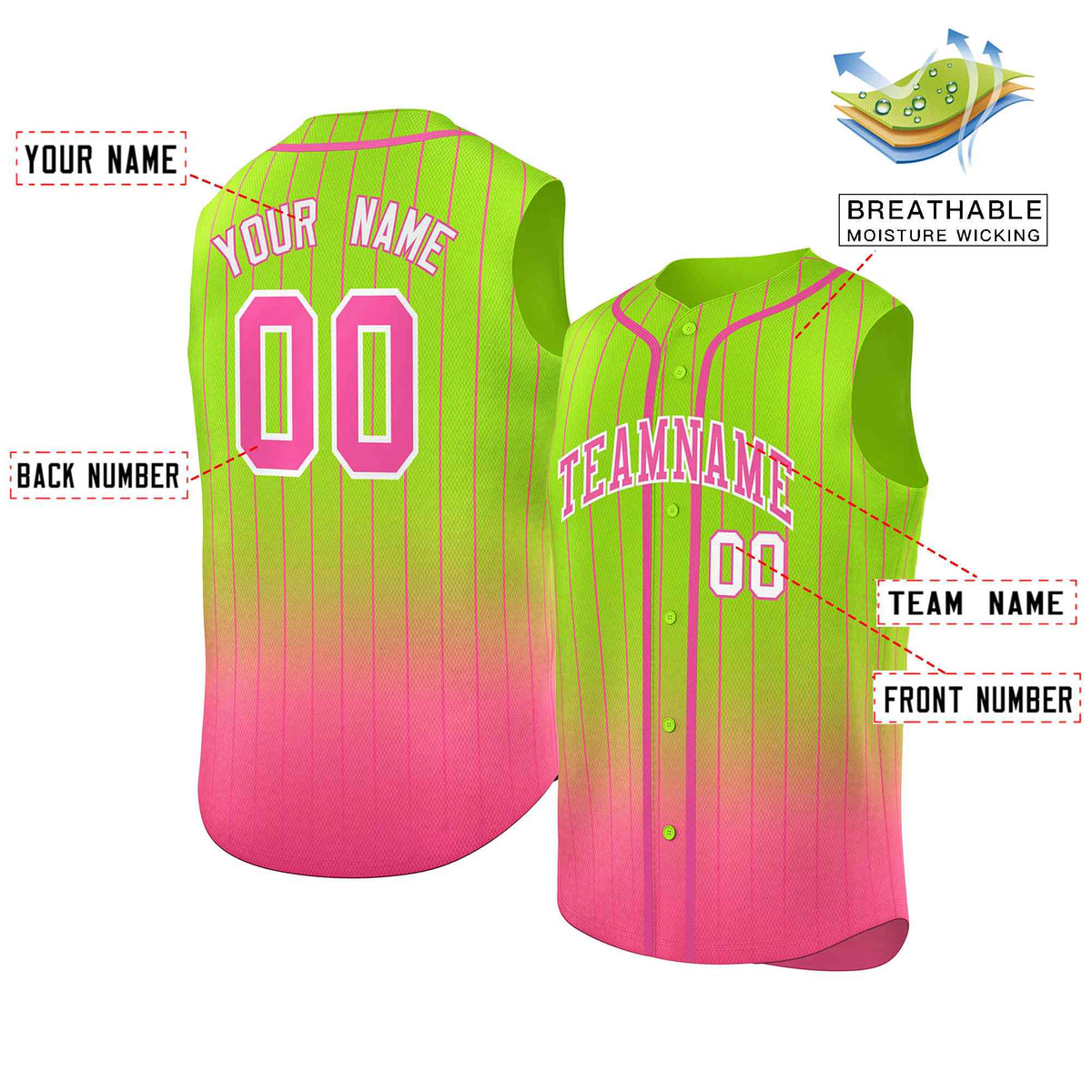 Custom Neon Green Pink Gradient stripe Fashion Authentic Sleeveless Baseball Jersey Limited