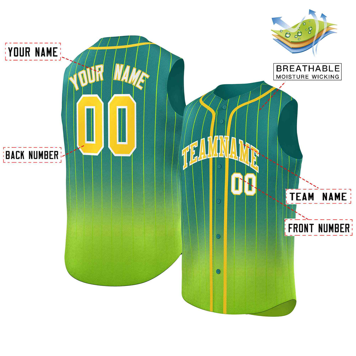 Custom Kelly Green Neon Green Gradient stripe Fashion Authentic Sleeveless Baseball Jersey Limited