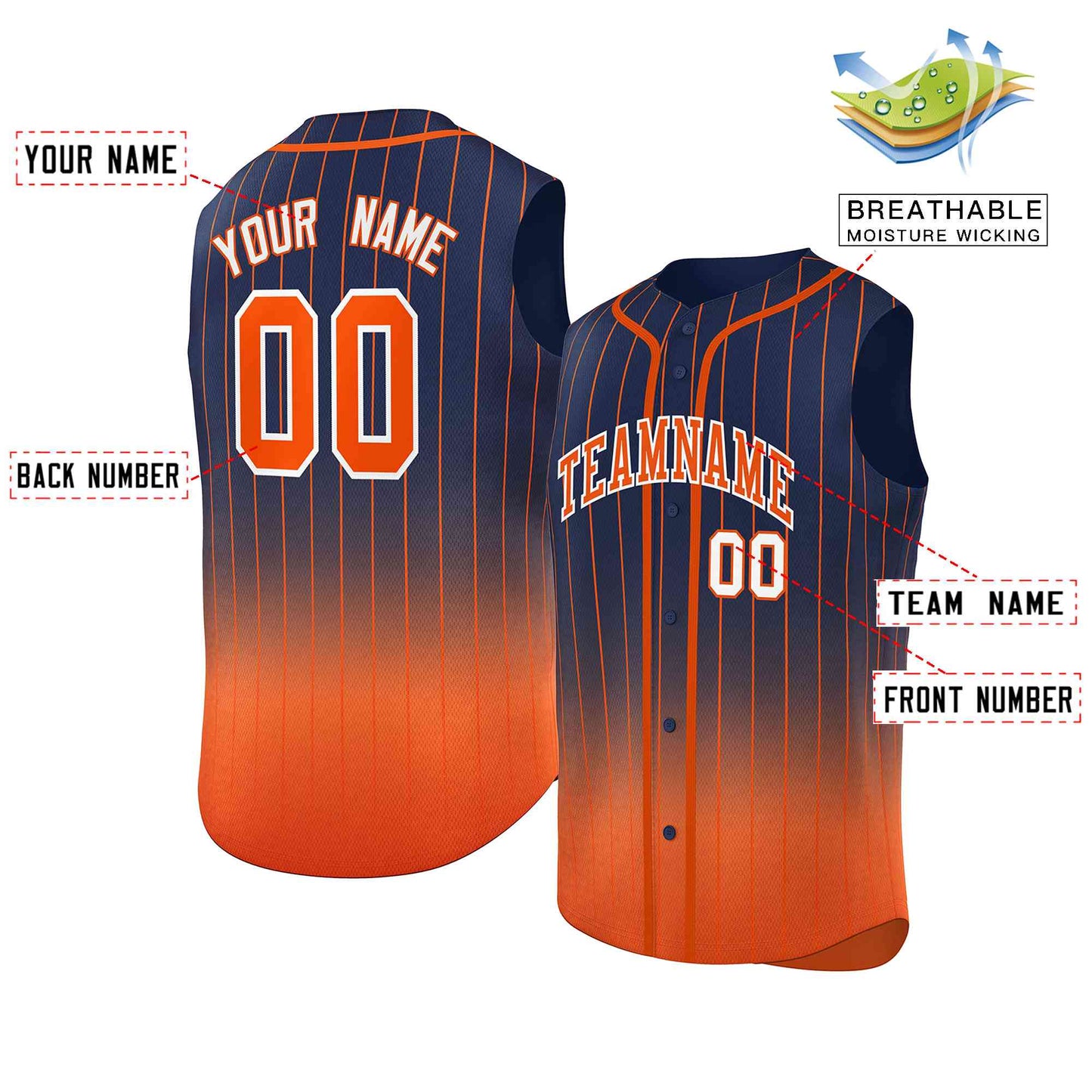 Custom Navy Orange Gradient stripe Fashion Authentic Sleeveless Baseball Jersey Limited
