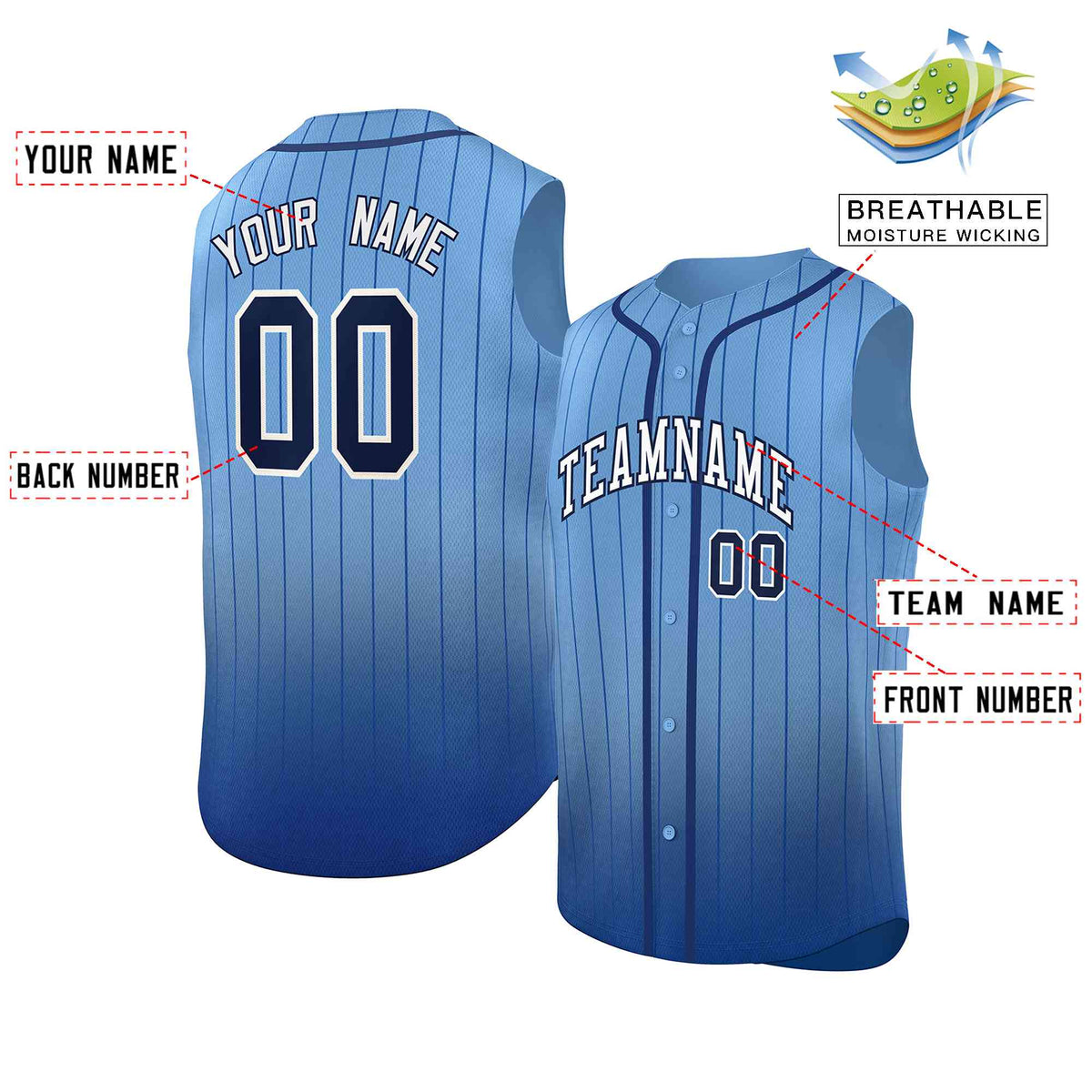 Custom Light Blue Navy Gradient stripe Fashion Authentic Sleeveless Baseball Jersey Limited