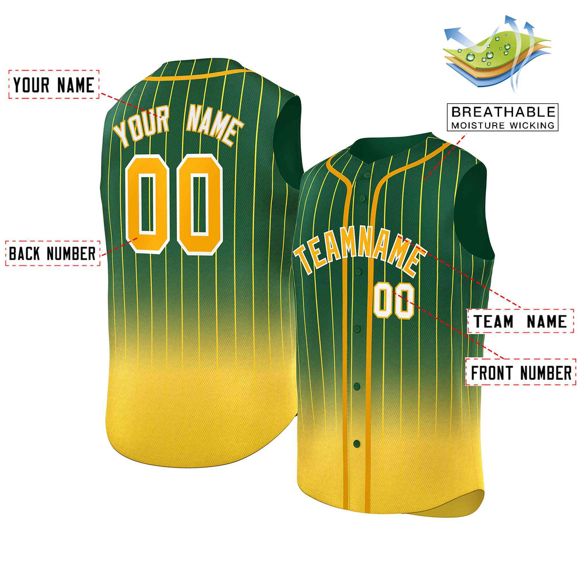 Custom Green Yellow Gradient stripe Fashion Authentic Sleeveless Baseball Jersey Limited