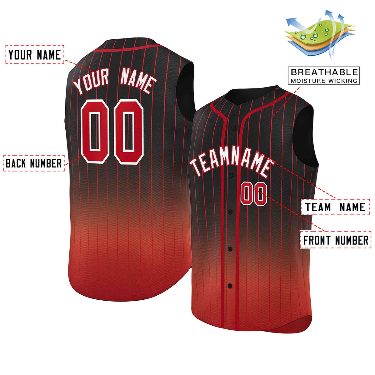Custom Black Red Gradient stripe Fashion Authentic Sleeveless Baseball Jersey Limited
