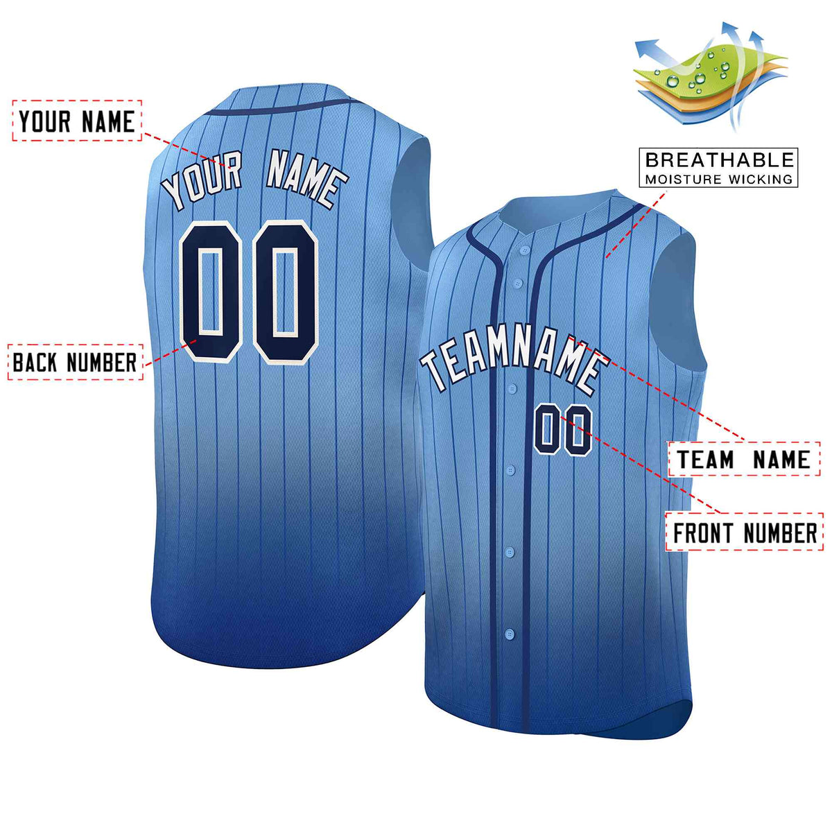 Custom Light Blue Navy Gradient stripe Fashion Authentic Sleeveless Baseball Jersey Limited