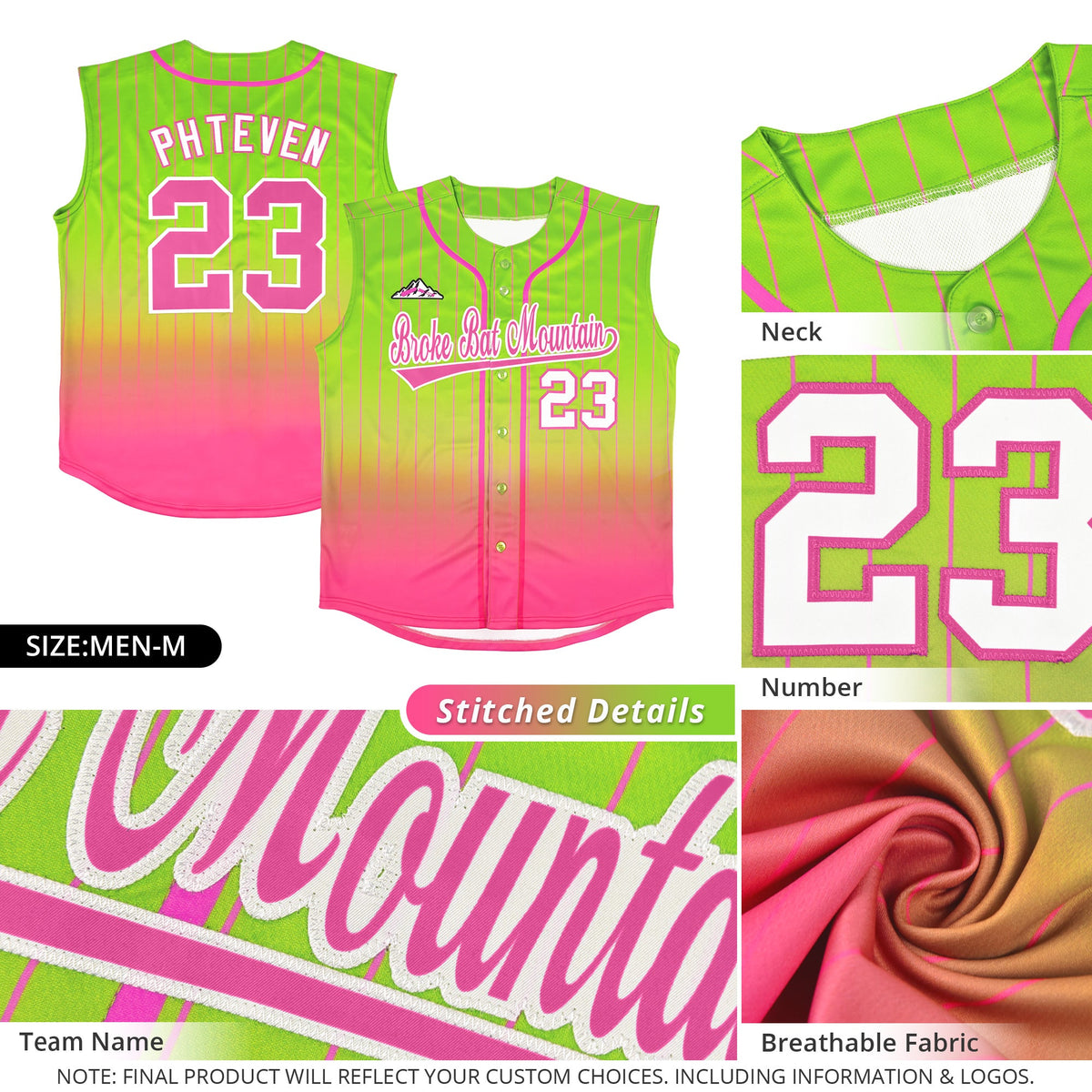 Custom Neon Green Pink Gradient stripe Fashion Authentic Sleeveless Baseball Jersey Limited