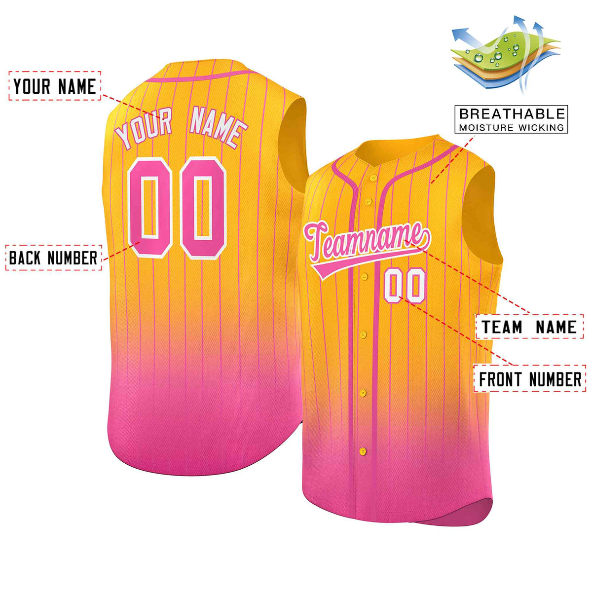 Custom Yellow Pink Gradient stripe Fashion Authentic Sleeveless Baseball Jersey Limited