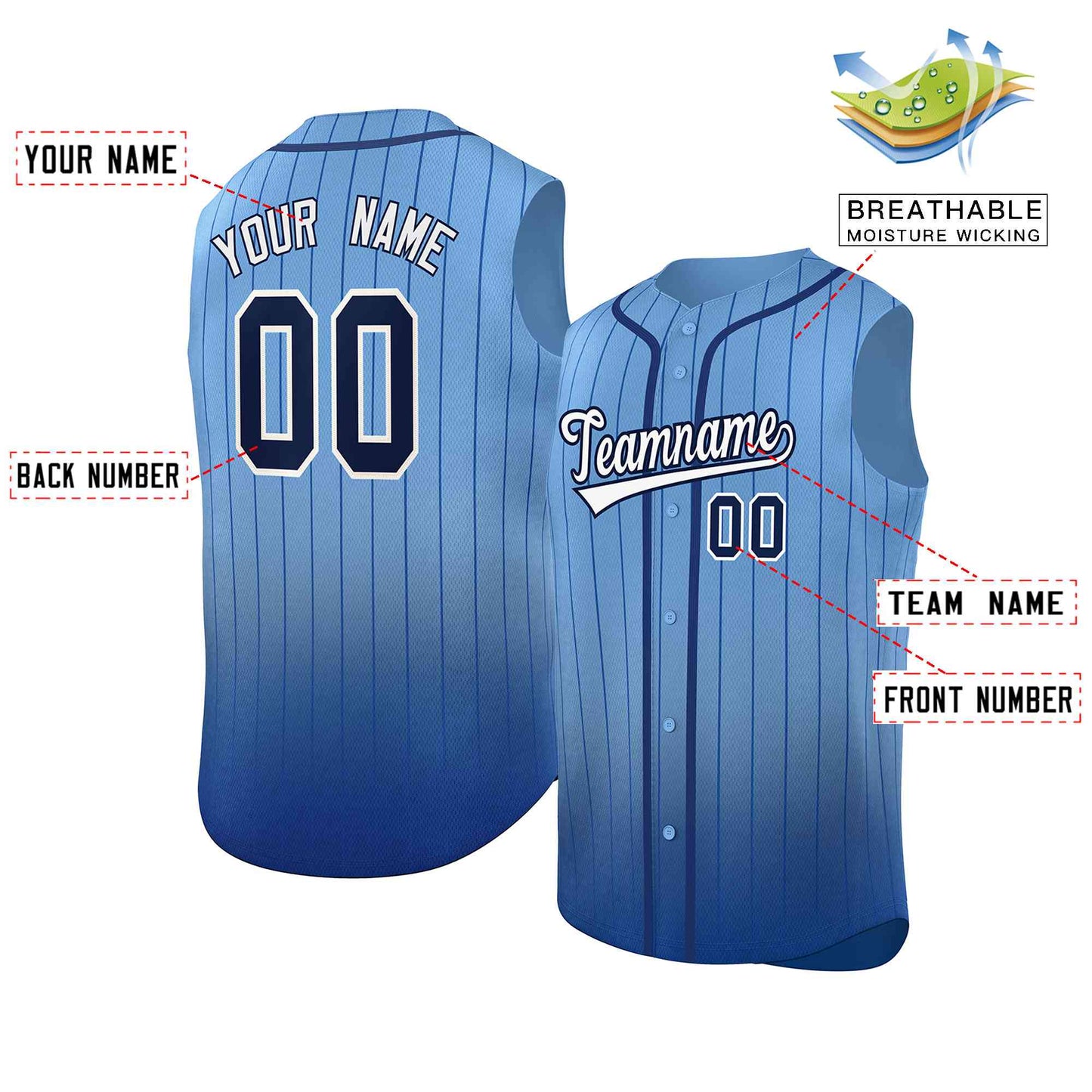 Custom Light Blue Navy Gradient stripe Fashion Authentic Sleeveless Baseball Jersey Limited