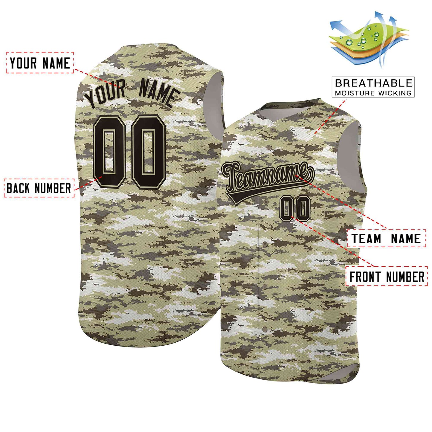 Custom Brown Khaki-Black Camo Fashion Authentic Sleeveless Baseball Jersey Limited