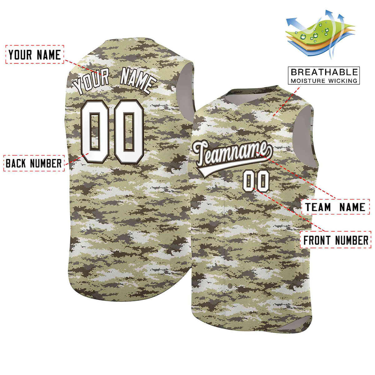 Custom Brown Khaki-White Camo Fashion Authentic Sleeveless Baseball Jersey Limited