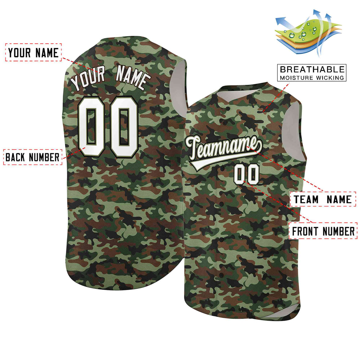 Custom Brown Green-White Camo Fashion Authentic Sleeveless Baseball Jersey Limited