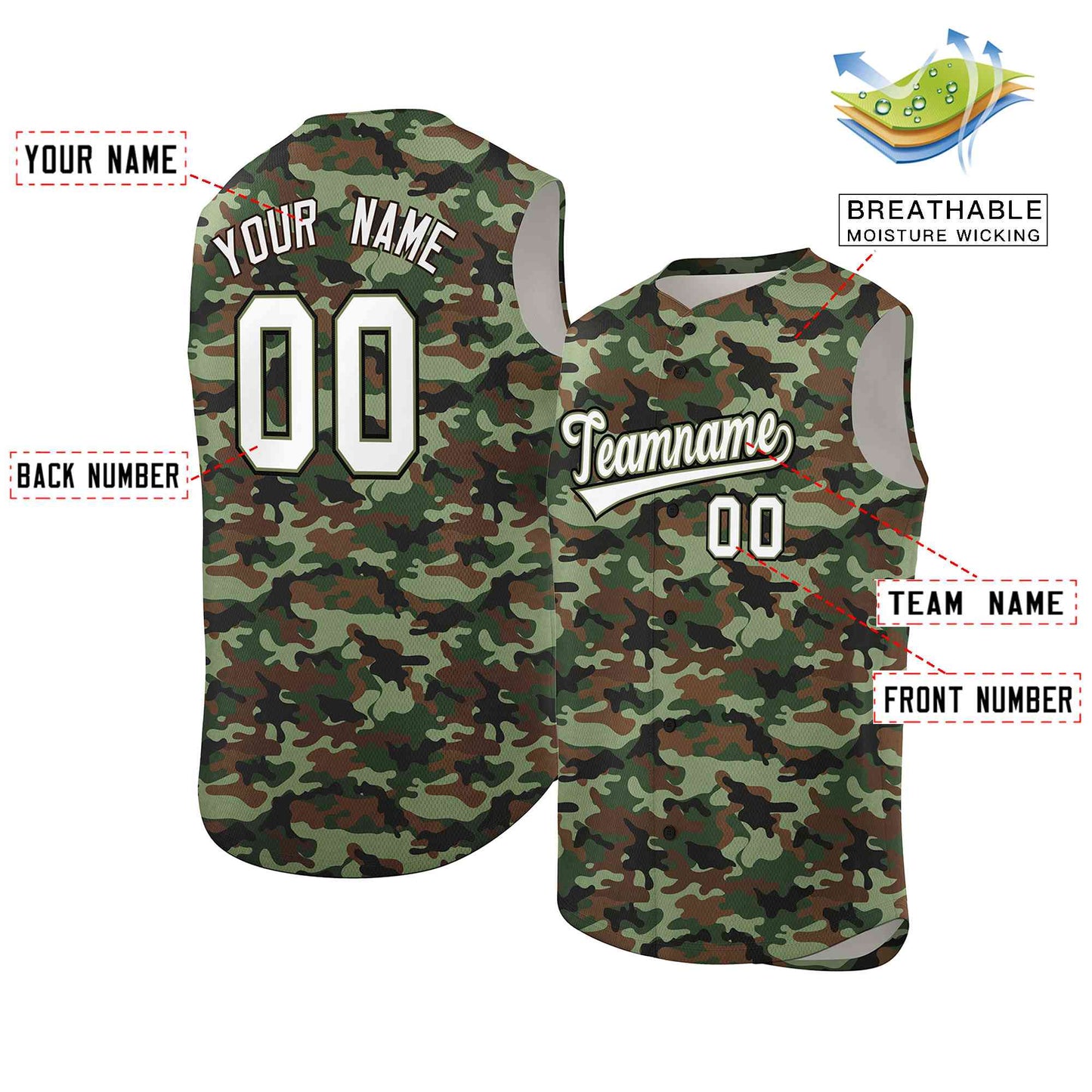 Custom Brown Green-White Camo Fashion Authentic Sleeveless Baseball Jersey Limited