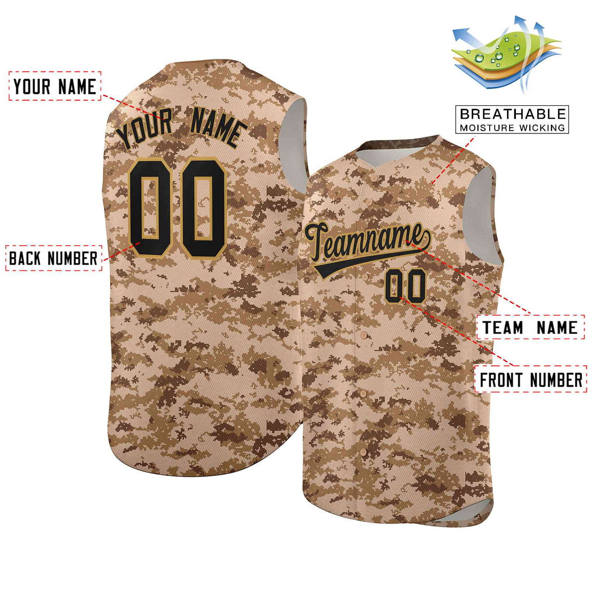 Custom Brown Khaki Camo Fashion Authentic Sleeveless Baseball Jersey Limited