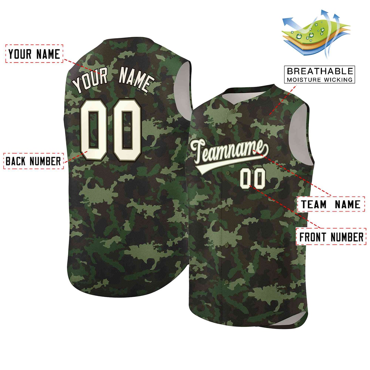 Custom Green Brown Camo Fashion Authentic Sleeveless Baseball Jersey Limited