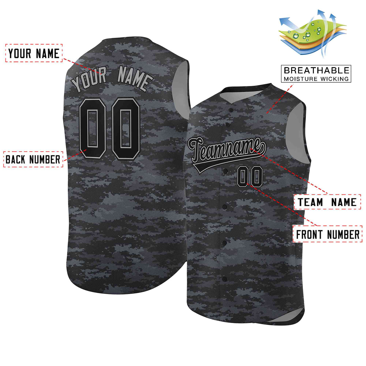 Custom Gray Black Camo Fashion Authentic Sleeveless Baseball Jersey Limited