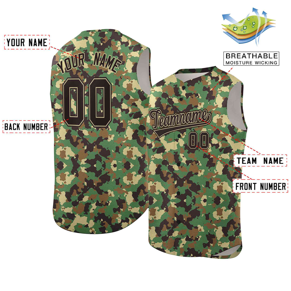 Custom Khaki Green-Brown Camo Fashion Authentic Sleeveless Baseball Jersey Limited