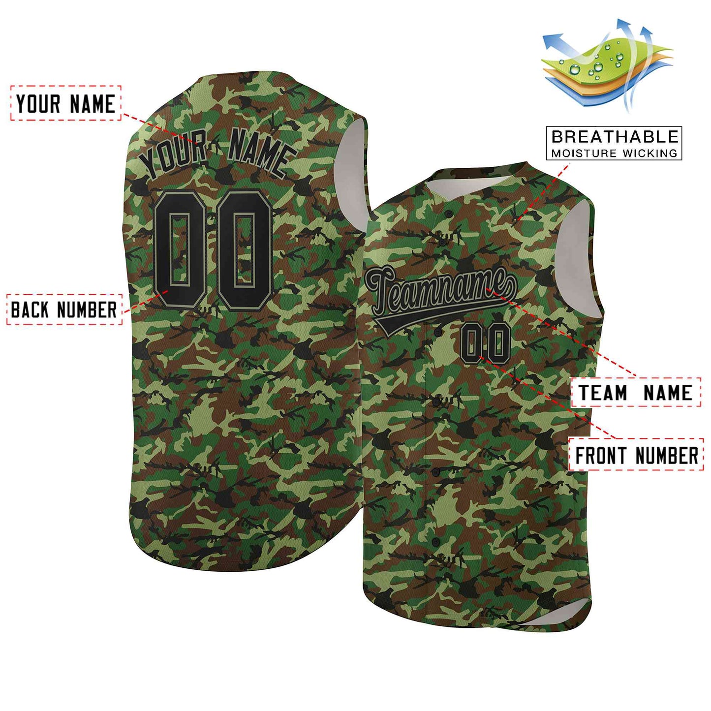 Custom Brown Green-Black Camo Fashion Authentic Sleeveless Baseball Jersey Limited