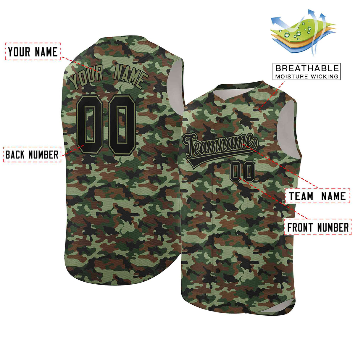 Custom Brown Green-Black Camo Fashion Authentic Sleeveless Baseball Jersey Limited