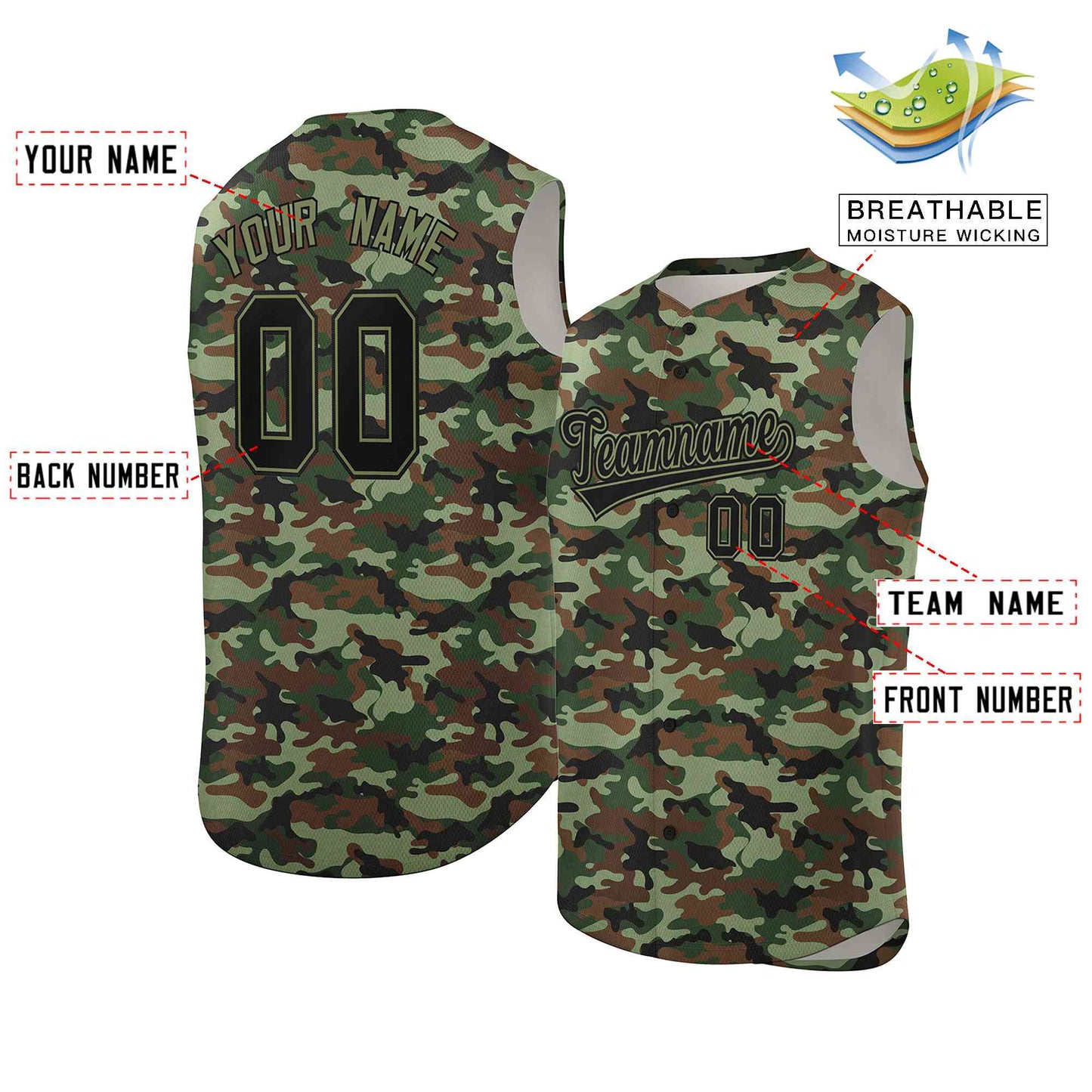 Custom Brown Green-Black Camo Fashion Authentic Sleeveless Baseball Jersey Limited