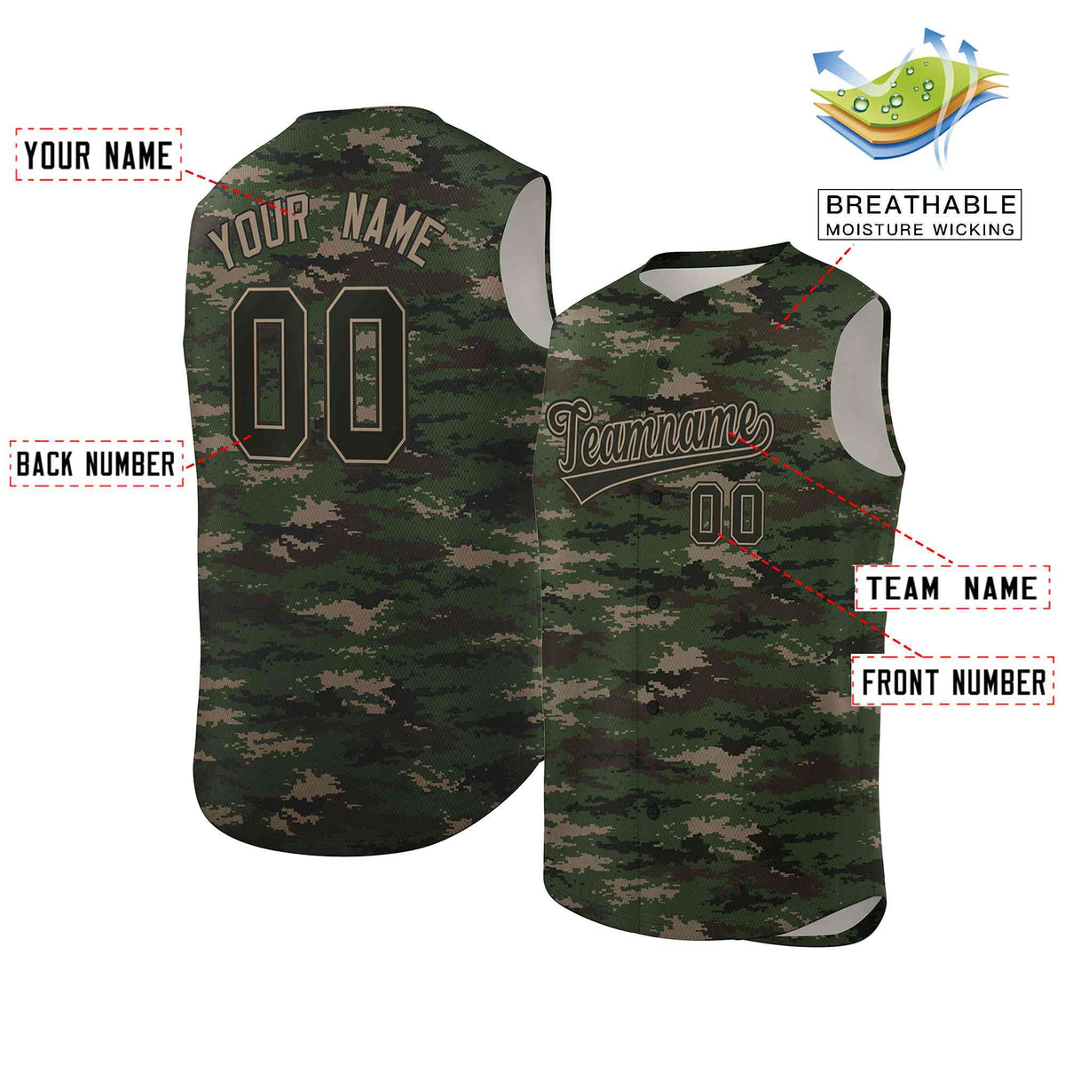 Custom Green Brown-Khaki Camo Fashion Authentic Sleeveless Baseball Jersey Limited