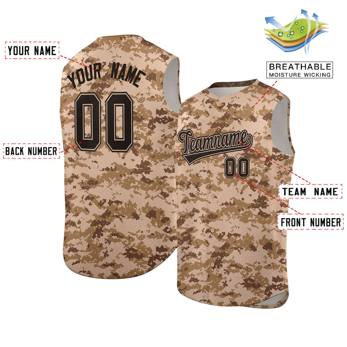Custom Brown Khaki Camo Fashion Authentic Sleeveless Baseball Jersey Limited