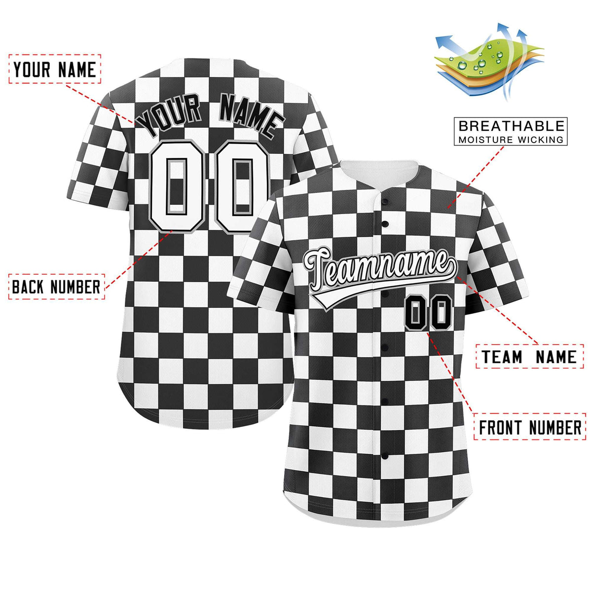 Custom Black White Square Grid Color Block Design Authentic Baseball Jersey Limited