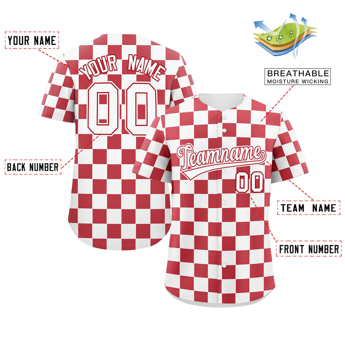 Custom White Red Square Grid Color Block Design Authentic Baseball Jersey Limited