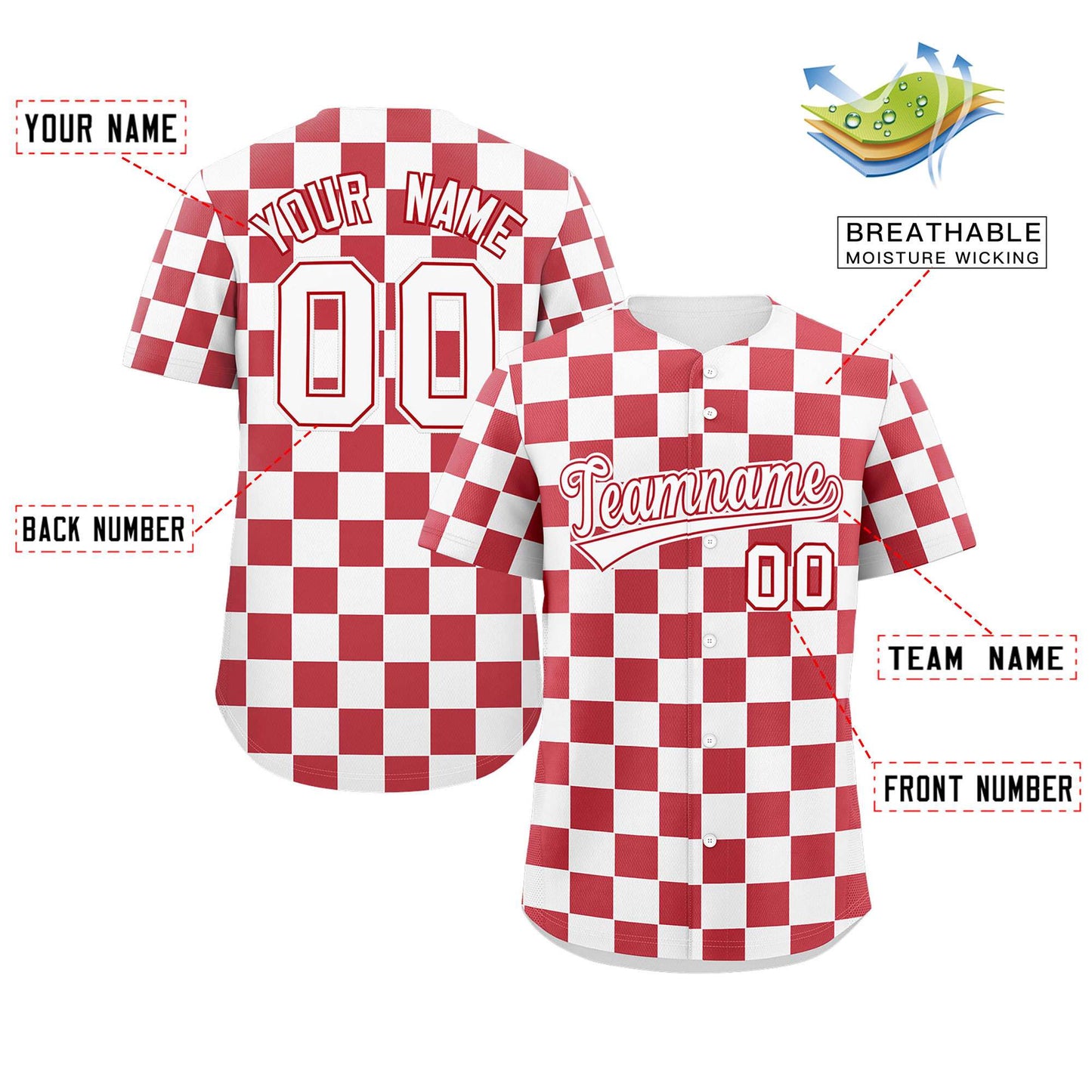 Custom White Red Square Grid Color Block Design Authentic Baseball Jersey Limited